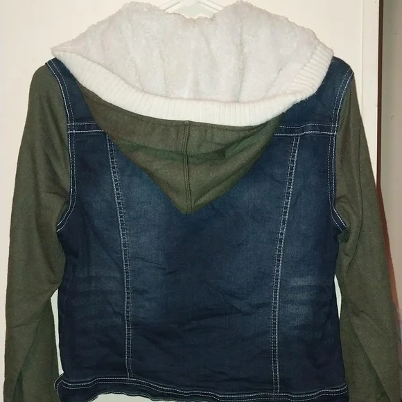 Wallflower Blue Denim Jacket with White Sherpa Hood and Olive Sleeves - Picture 2 of 4